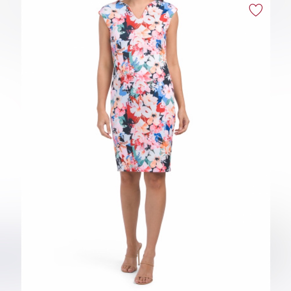 T Tahari V-Neck Floral Scuba Split Neck Dress Floral Print Sz Small Watercolor